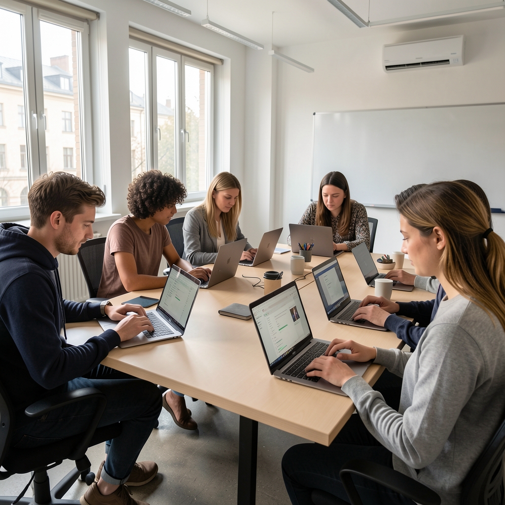 Csoportos workshopfoglalkozás egy modern budapesti oktatóteremben ahol résztvevők laptopjukon dolgoznak MI-modelleken