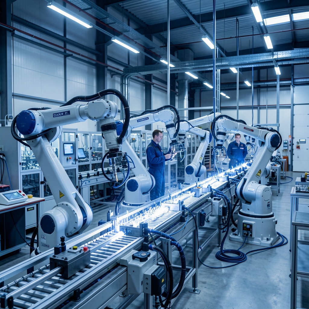 Automatizált gyártósor robotkarokkal, ipari üzem modern berendezésekkel, kék ambiens megvilágítás
