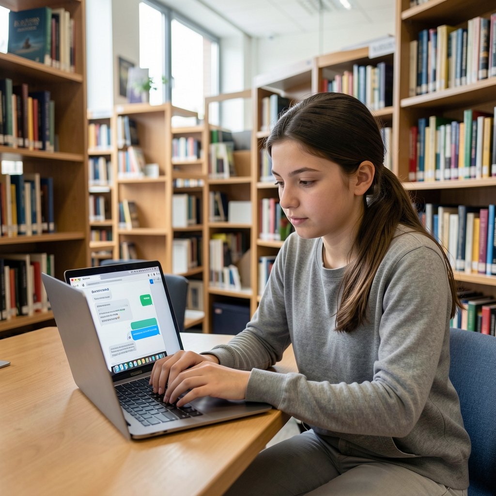 Diák laptopon ChatGPT segítségével tanul, modern könyvtárban ül, természetes fény, könyvek a háttérben