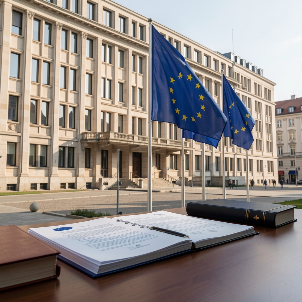 Európai Unió zászlók épület előtt, jogi dokumentumok asztalon, EU intézményi háttér Brüsszel