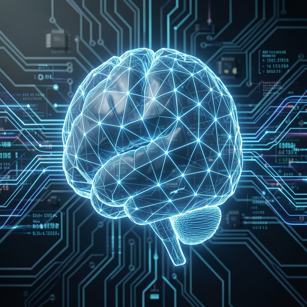Digitális jövő vizualizáció: mesterséges intelligencia neuronhálózat kék fénnyel, absztrakt adat-áramlás, tech háttér