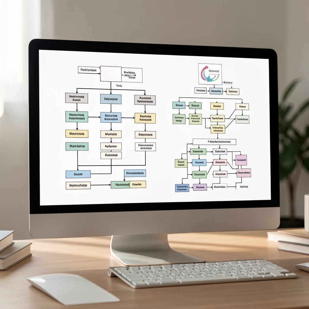 Számítógépes képernyőn megjelenő MI fogalomtérkép diagramokkal és algoritmusvizualizációkkal, bevezető tanfolyamhoz