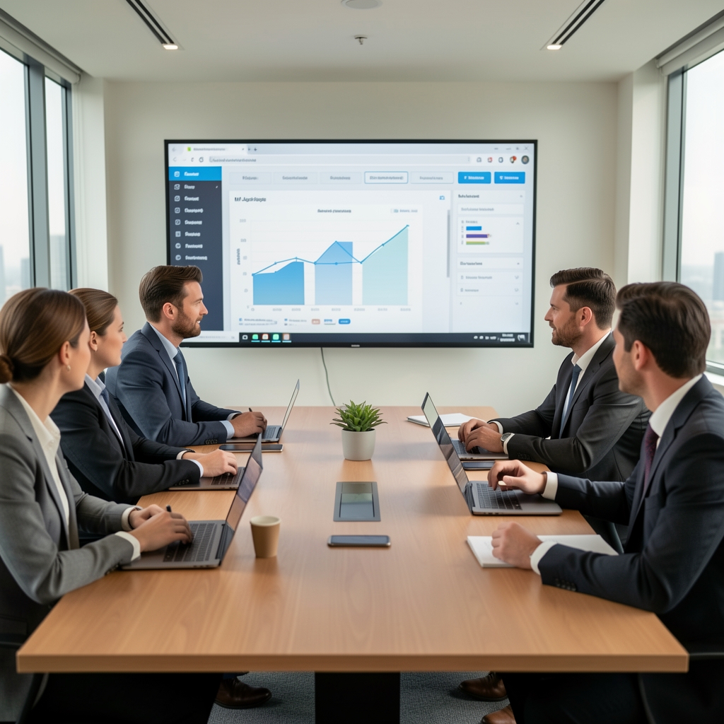 Üzleti csapat MI-alapú döntéstámogató rendszer dashboardját elemzi tárgyalóteremben
