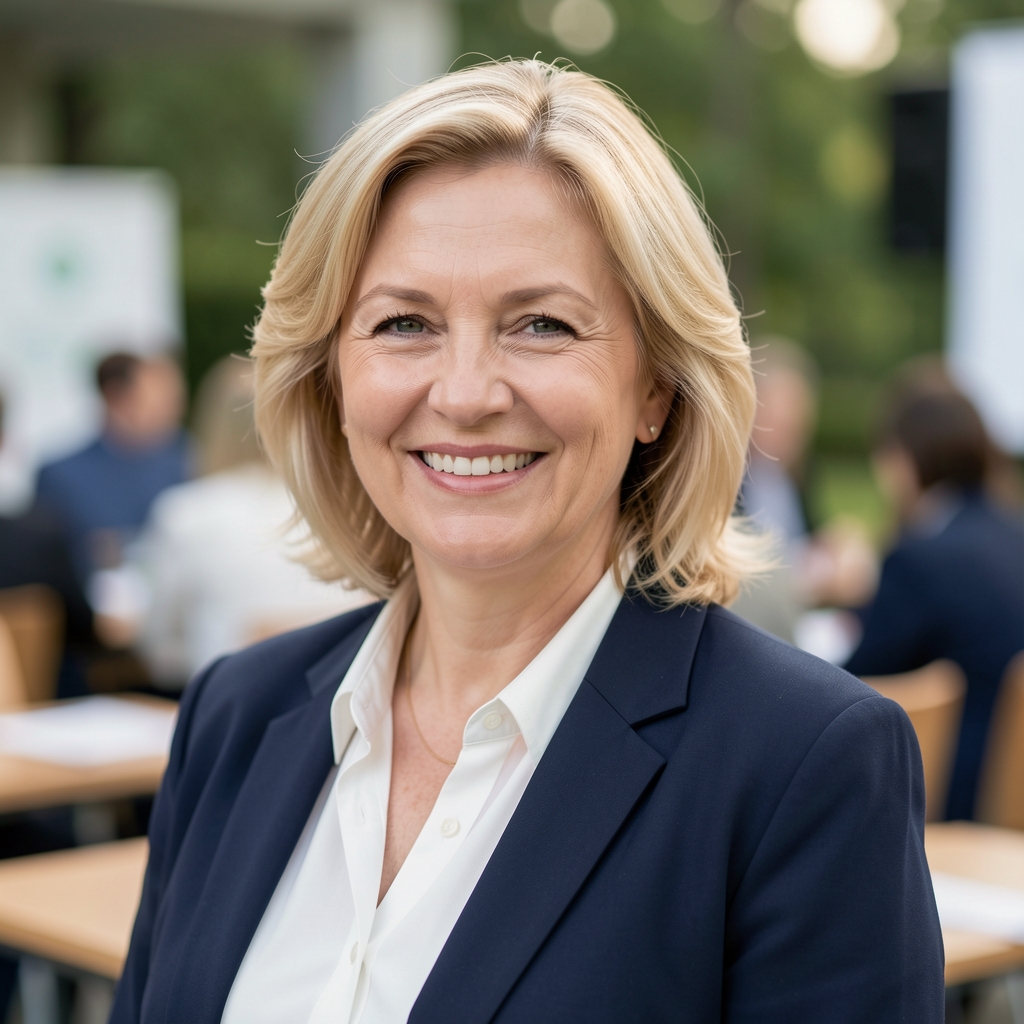 Fehér Anna, középkorú magyar nő, professzionális megjelenés, oktatási konferencia háttér, barátságos mosoly