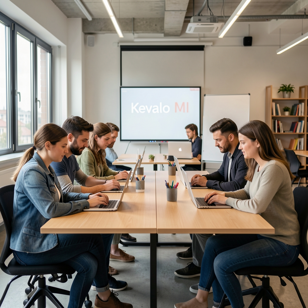 Kevalo MI workshopon résztvevők kis csoportban dolgoznak laptopon, oktató segít nekik, budapesti modern oktatási terem