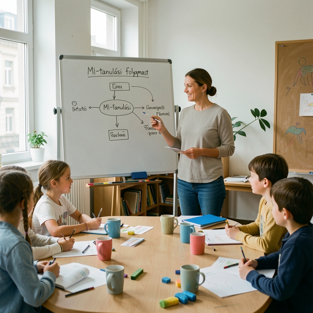 Oktató egy táblánál MI-tanulási folyamatot szemléltet diagrammal kiscsoportos workshopon Budapesten