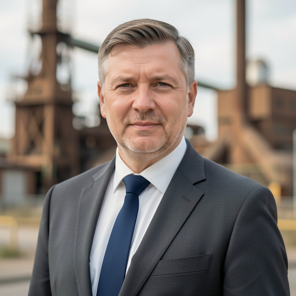 Középkorú magyar férfi üzleti öltönyben, ipari háttér előtt